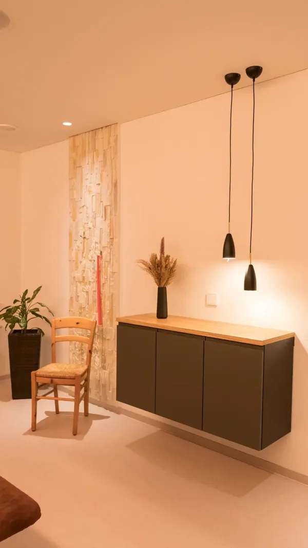 Modern eingerichteter Behandlungsraum mit Sideboard und Pendelleuchten